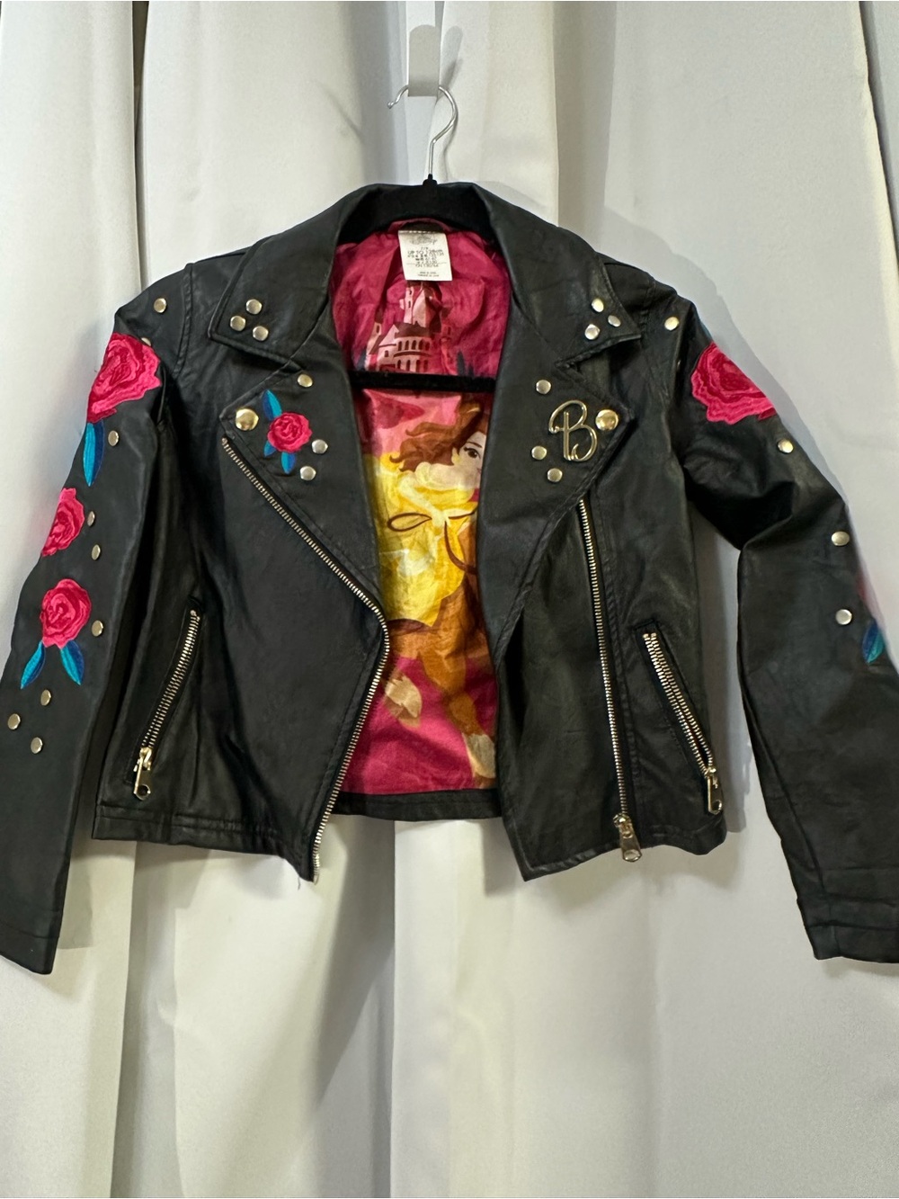 Disney Black Faux Leather Floral Moto Jacket with Pink Roses